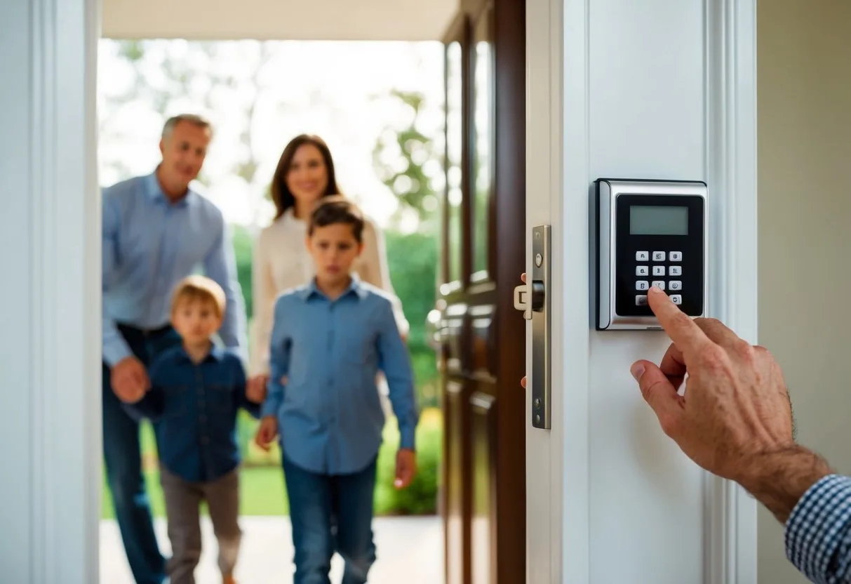 En familie der går ind i deres hjem og bruger et tastatur til at aktivere sikkerhedssystemet